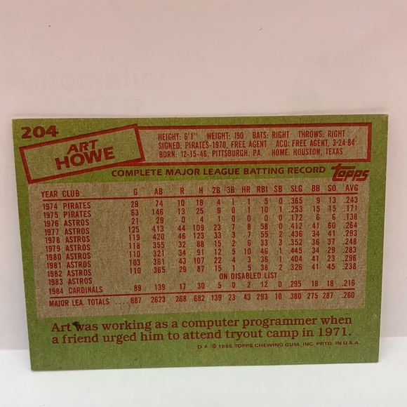1985 Topps Art Howe Cardinals In Person Autograph #204 (MISC8) - Picture 2 of 2